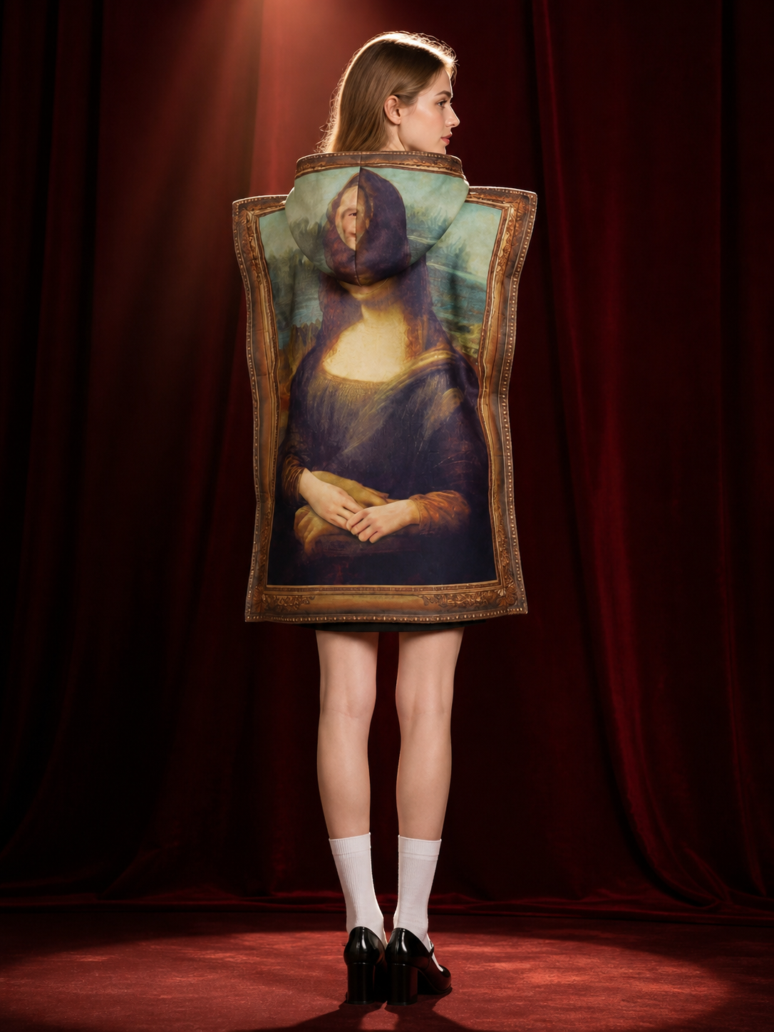 Funny Mona Lisa Halloween Jumpsuit Costume with Oil Painting Frame back view