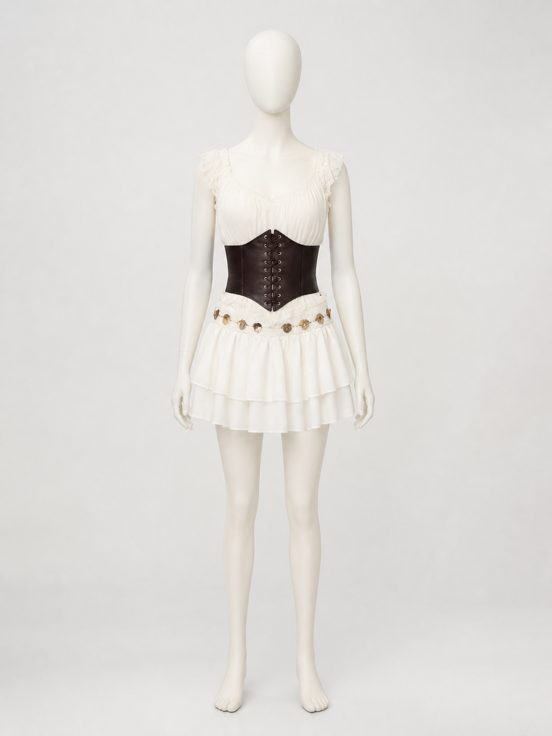 Pirate Costume Set for Adults, White Ruffle Skirt, Black Waist Cincher & Red back view