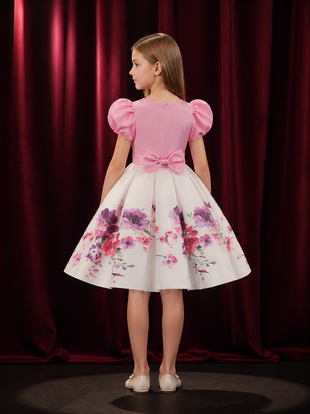 Girls' Princess Dress, Puff Sleeve Floral Print Bow Puffy Skirt Gown back view