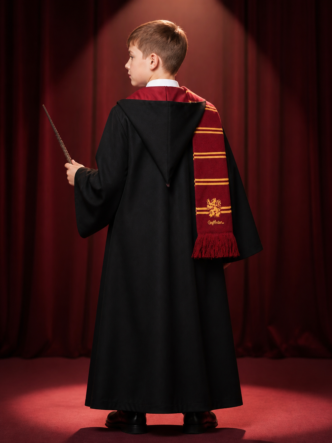 Academy Wizard Hooded Robe Costume Set With Tie, Scarf, Shirt And Wand back view