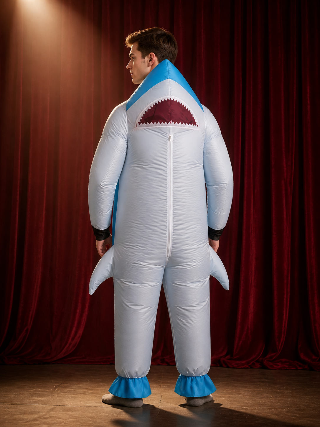 Shark Costume Jumpsuit with Fins and Teeth, Halloween Outfit for Adults back view
