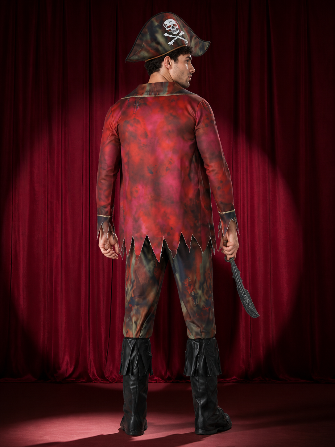 Men's Red Black Pirate Costume Set with Skull and Crossbones Hat, Jacket, Pants back view