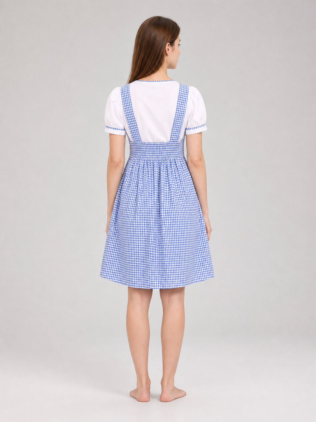 Blue-and-white plaid dress with puff sleeves
