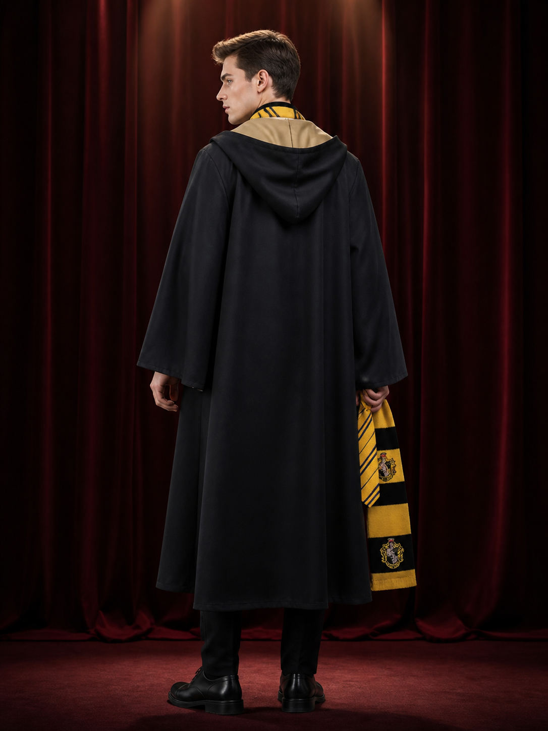 Hooded Wizard Robe Costume Set with Black and Gold Design, Includes Tie and back view