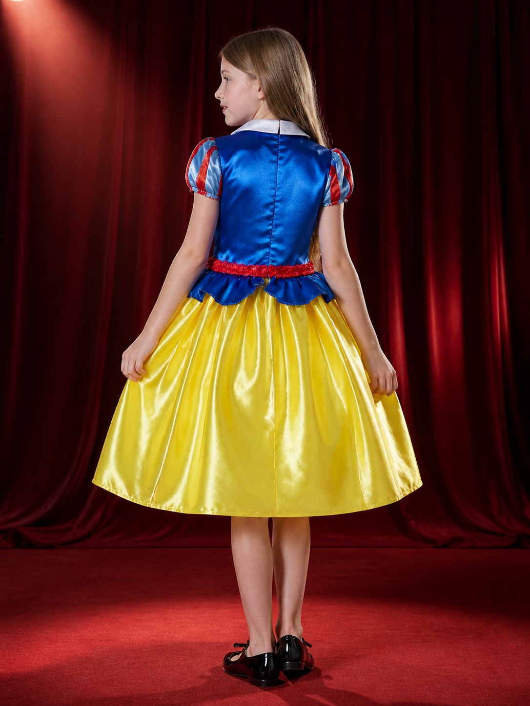Children's Snow White Princess Costume Dress, Blue Top and Yellow Puffy Skirt back view