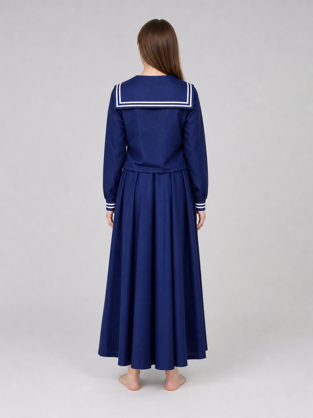 Sailor-style costume with a long pleated skirt back view 2