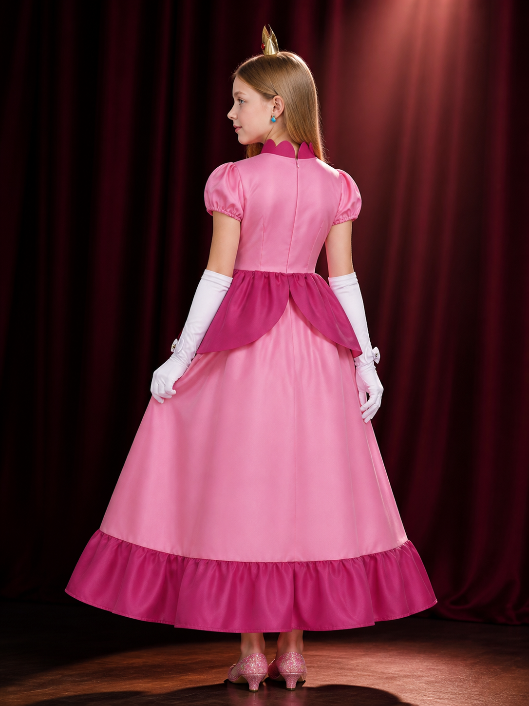 Children's Peach Princess Costume Dress Set with Crown, Gloves, and Brooch back view