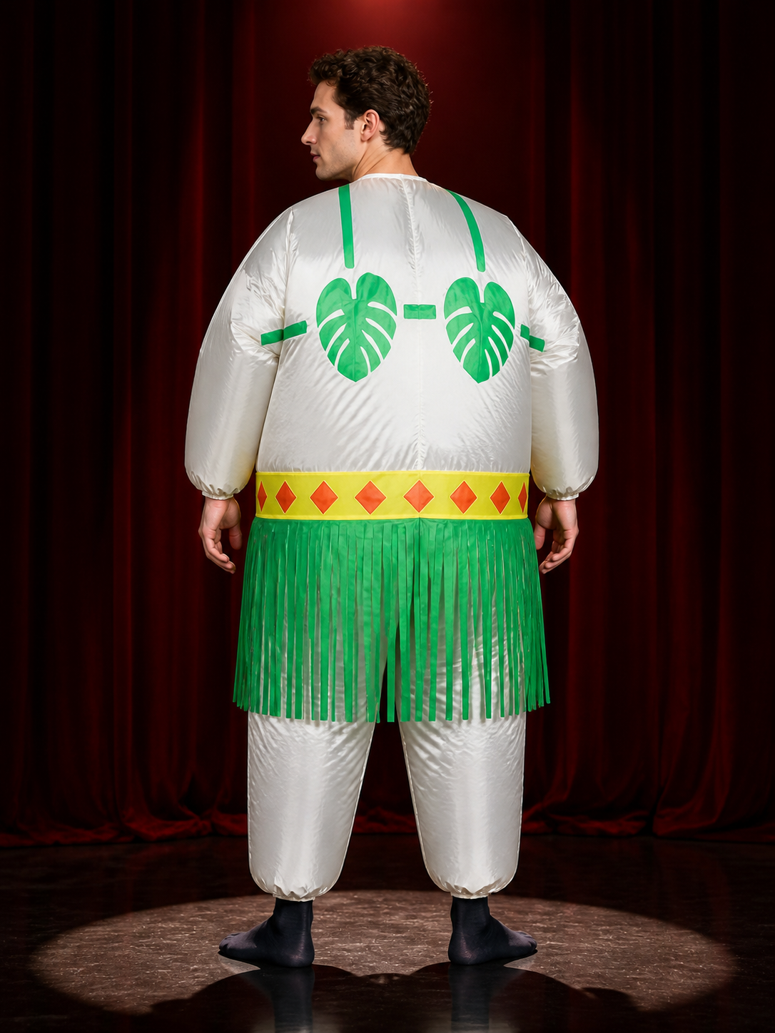 Green Leaf Print Long Sleeve Costume Dress with Fringe Trim for Adults back view