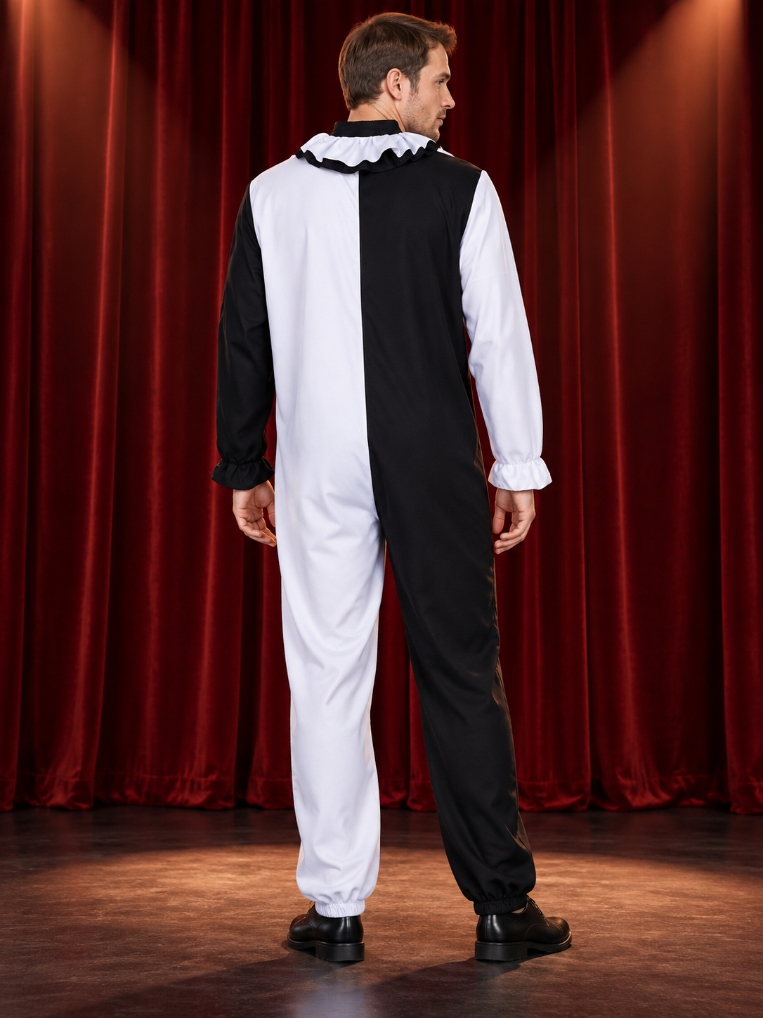 Clown Costume Black and White Jumpsuit with Ruffles and Pom-Poms