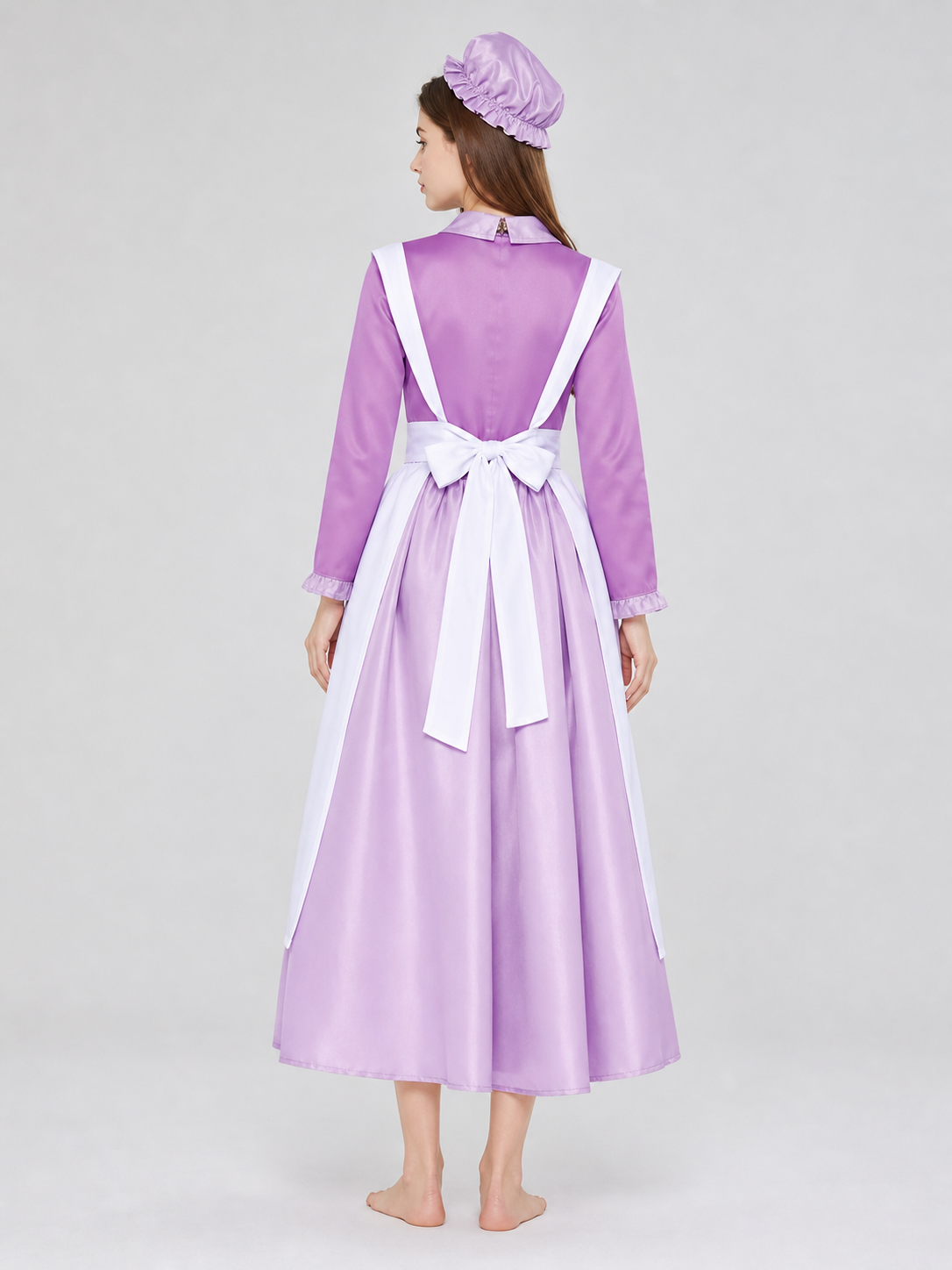 Purple dress costume with apron and bonnet back view 2