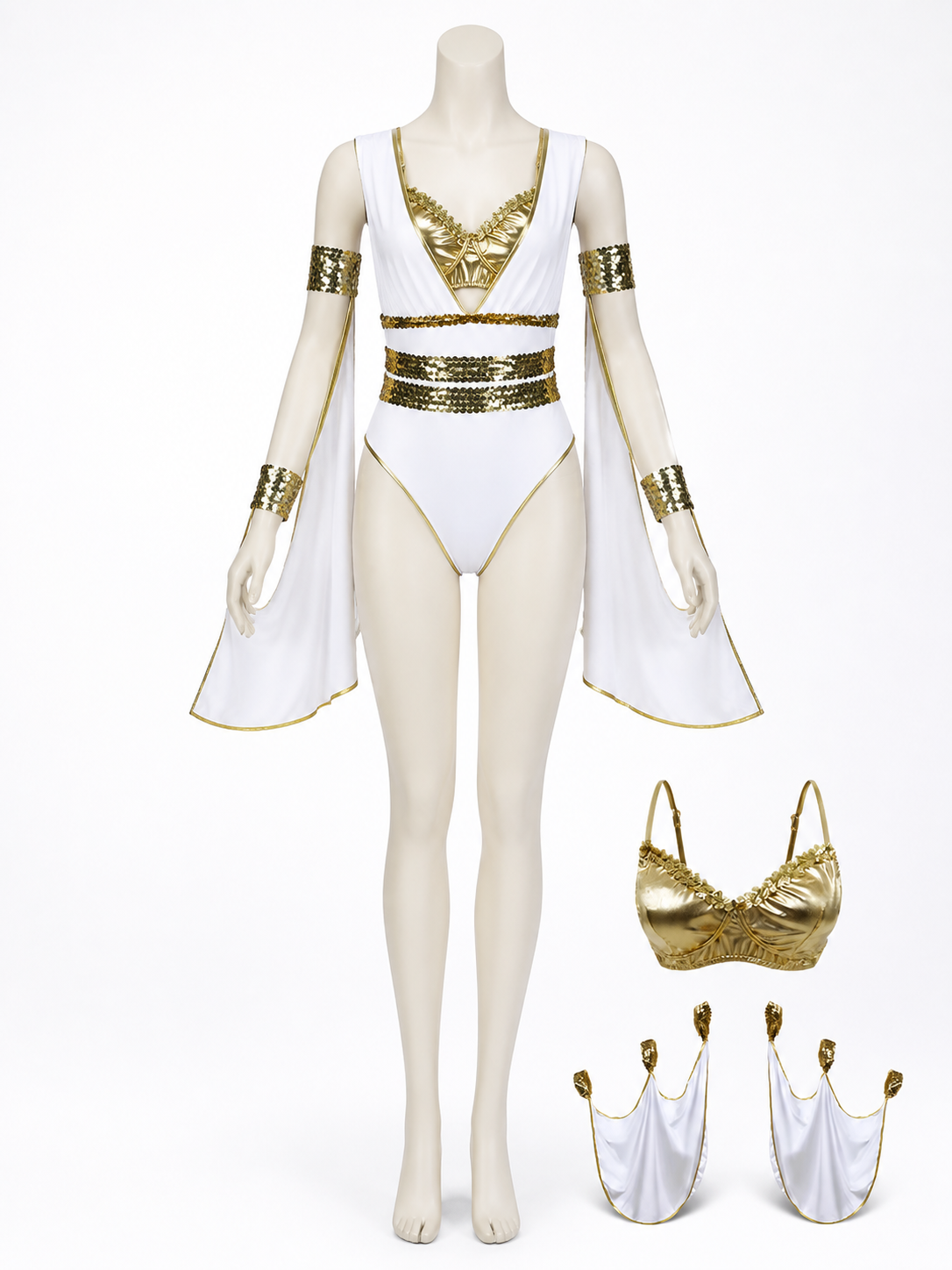 Athena Greek Goddess Halloween Costume Bodysuit Set With Gold Sequins And Deep back view