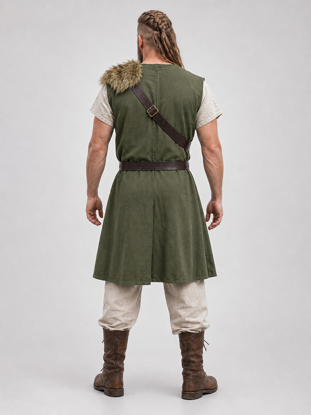 Sleeveless cotton and linen tunic with fur trim back view 2