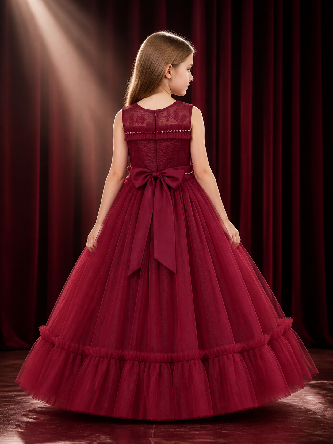 Girls' Burgundy Princess Formal Dress, Sleeveless Lace Bodice Rhinestone Tulle back view