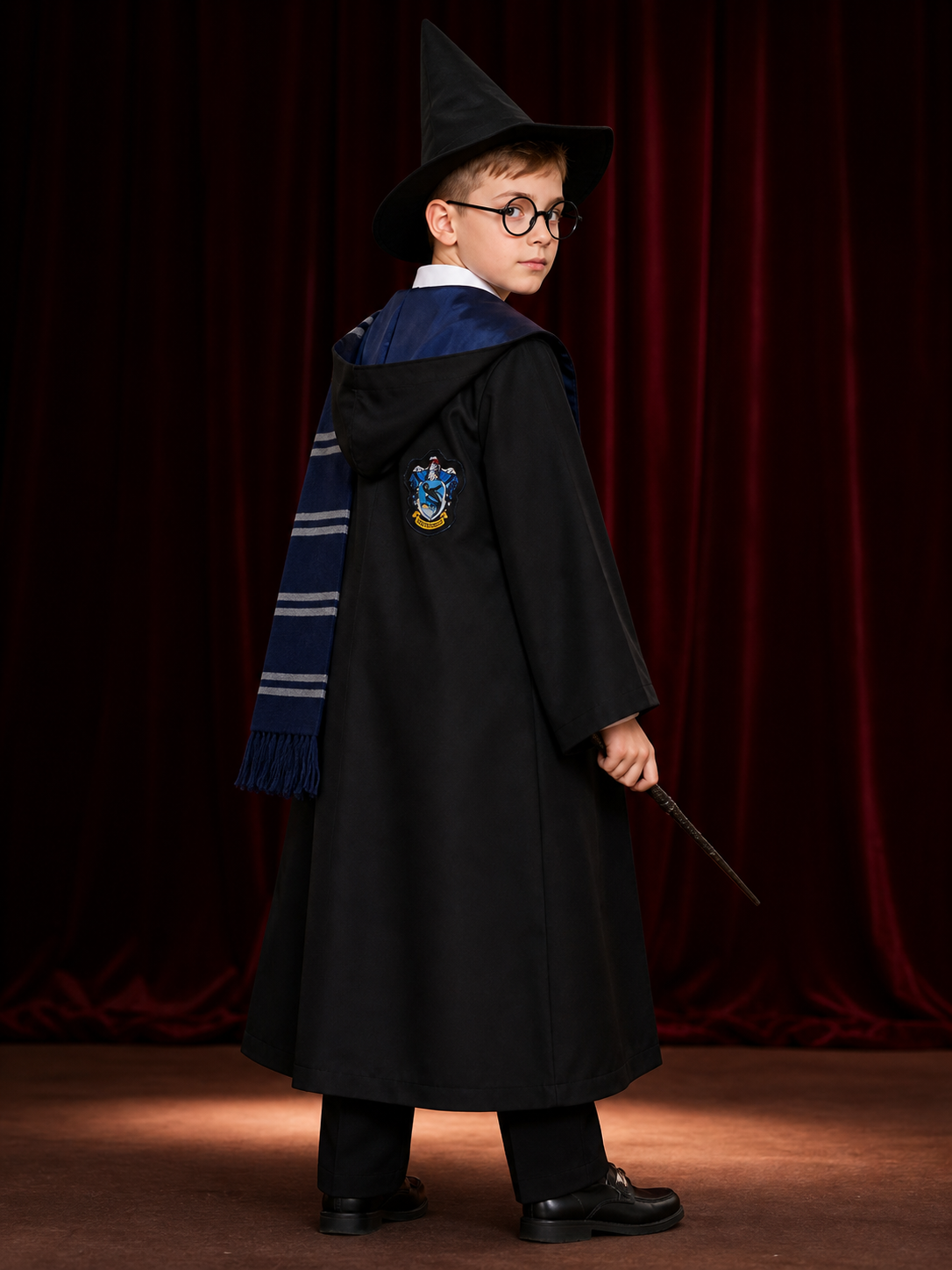 Magic Academy Wizard Costume Set, Hooded Robe with House Crest, Tie, Scarf back view