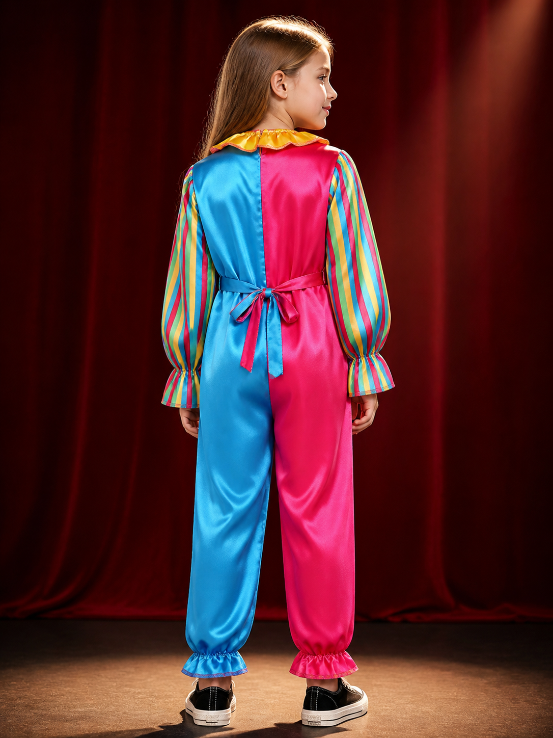 Kids Colorful Split-Color Clown Jumpsuit Costume with Ruffle Collar and Pom-Pom back view