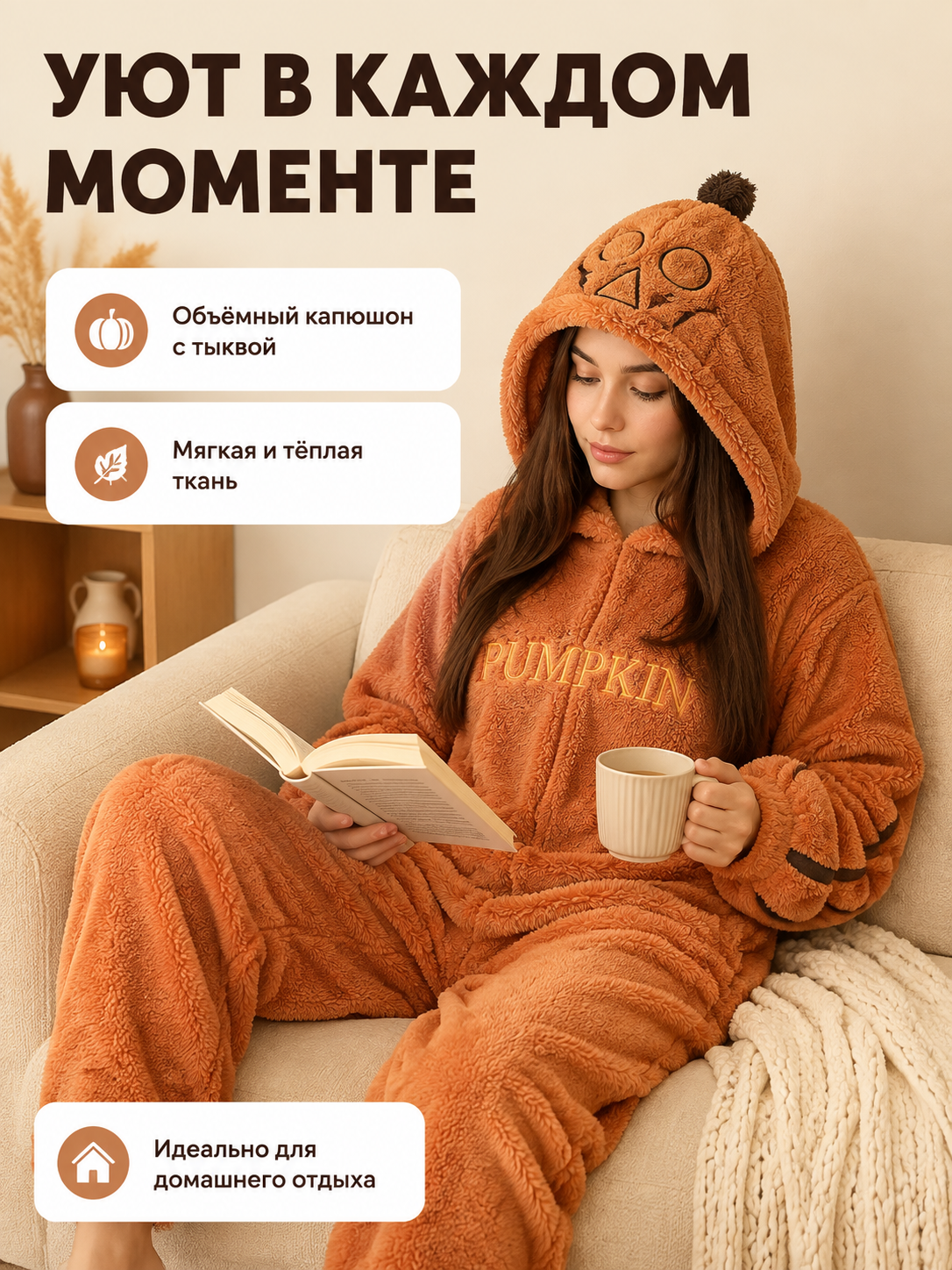 Orange hooded one-piece pajama with embroidery back view