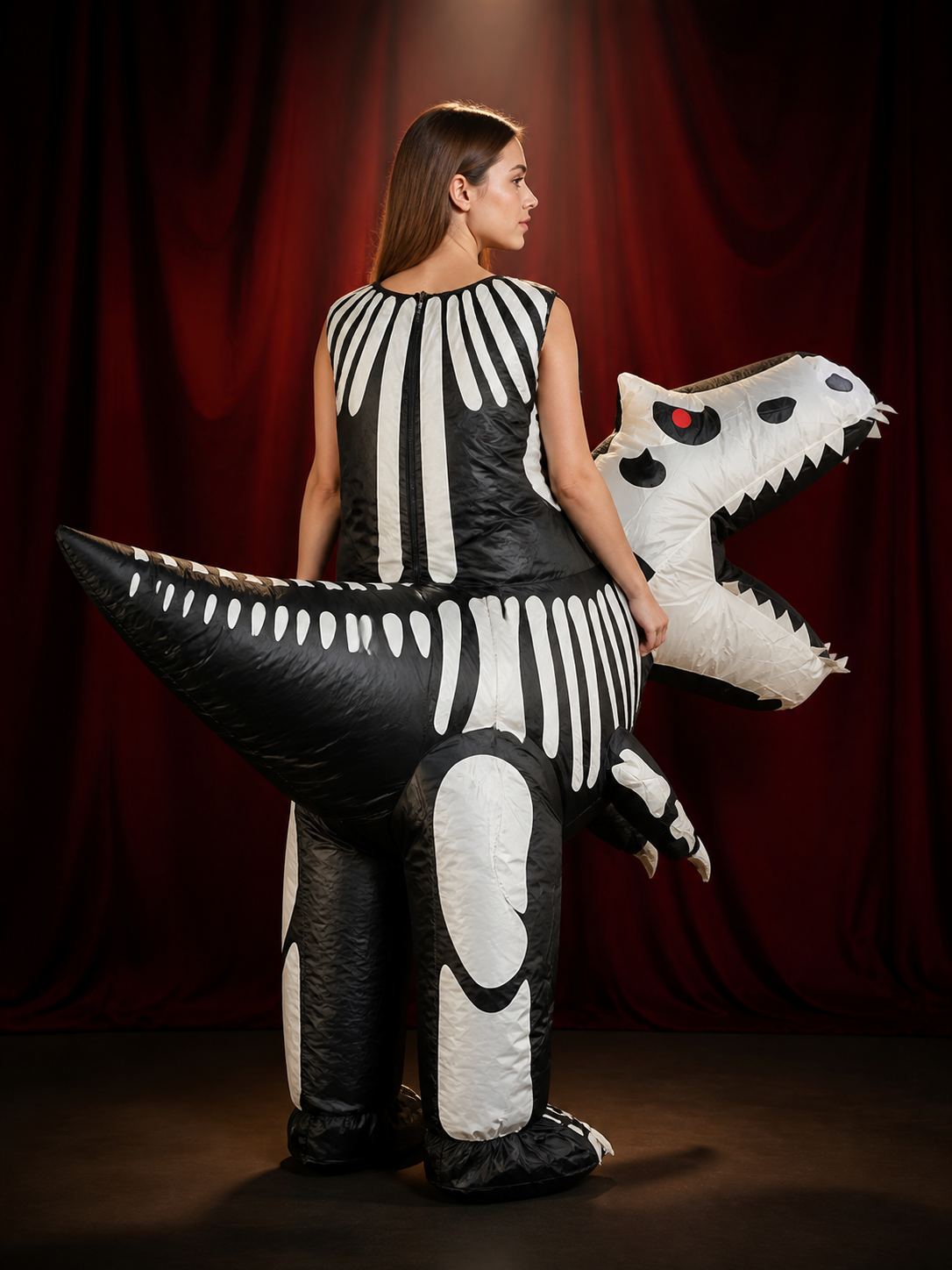 Adult Inflatable Dinosaur Costume, Black and White Skeleton Print for Halloween back view