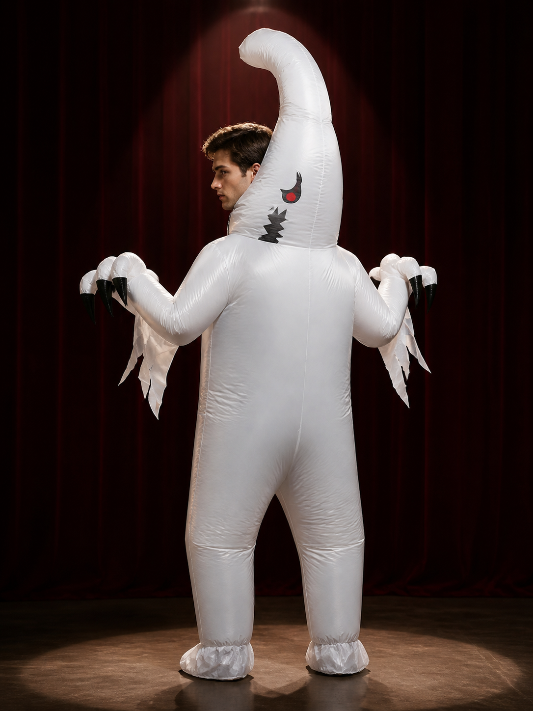 Inflatable White Monster Costume with Red Eyes and Black Claws for Halloween back view