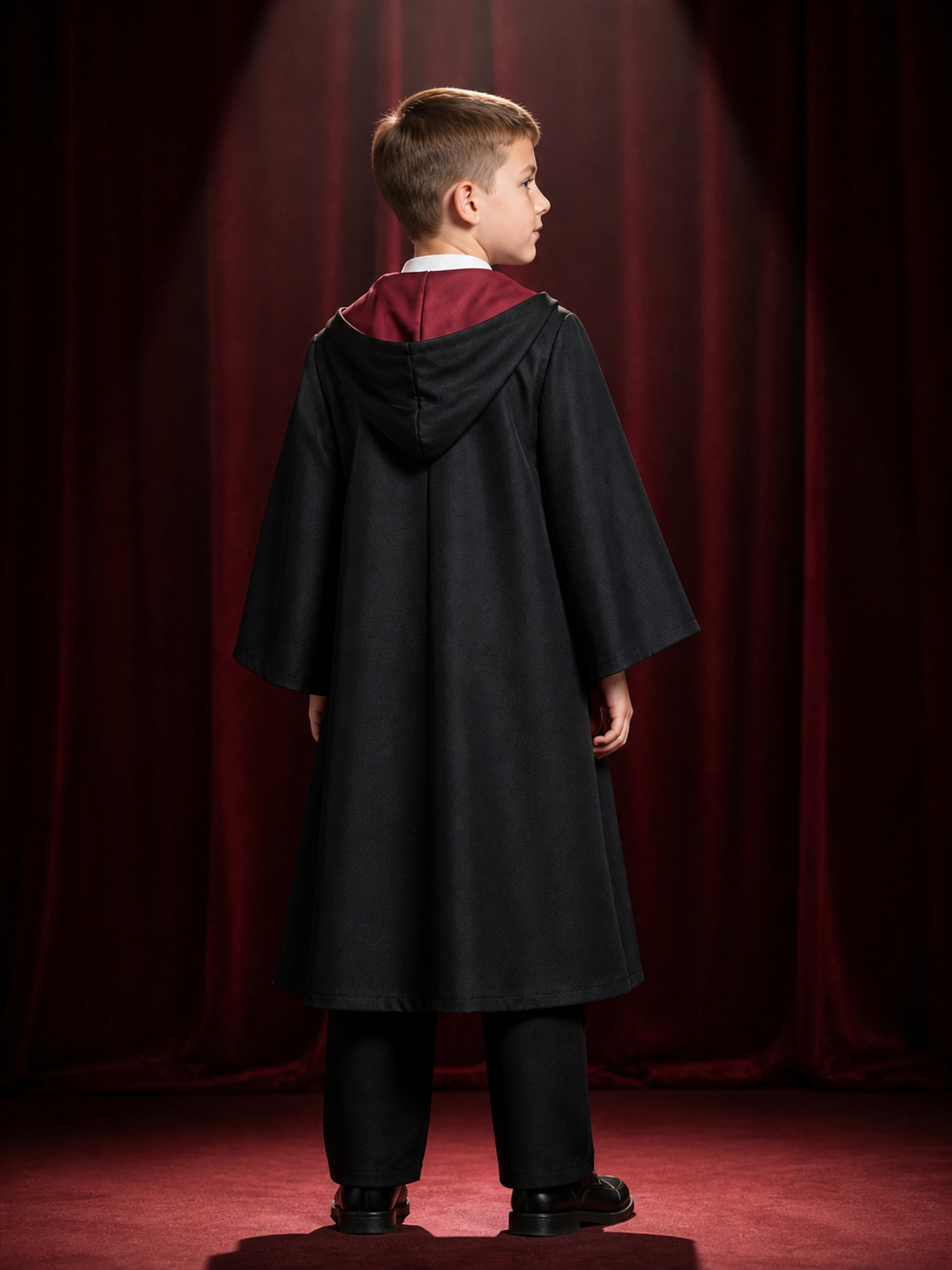 Kids Wizard Costume Set, Hooded Cape, Vest and Pants with Red-Gold Trim for back view