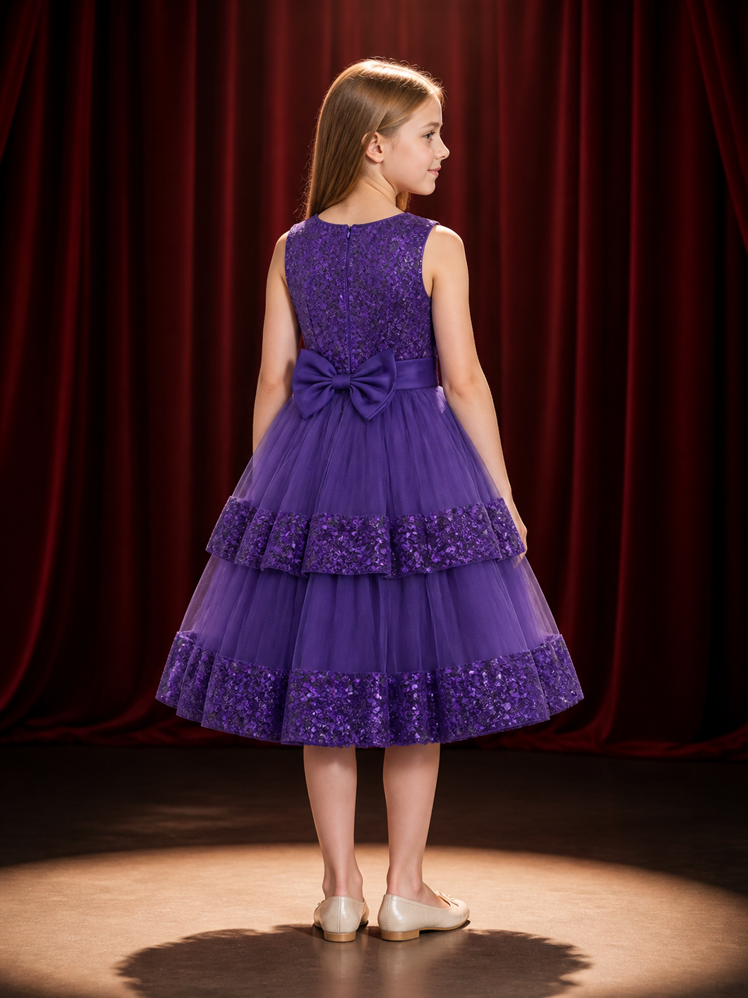 Toddler Girls' Purple Sequin Princess Dress, Layered Tulle Skirt, Sleeveless back view