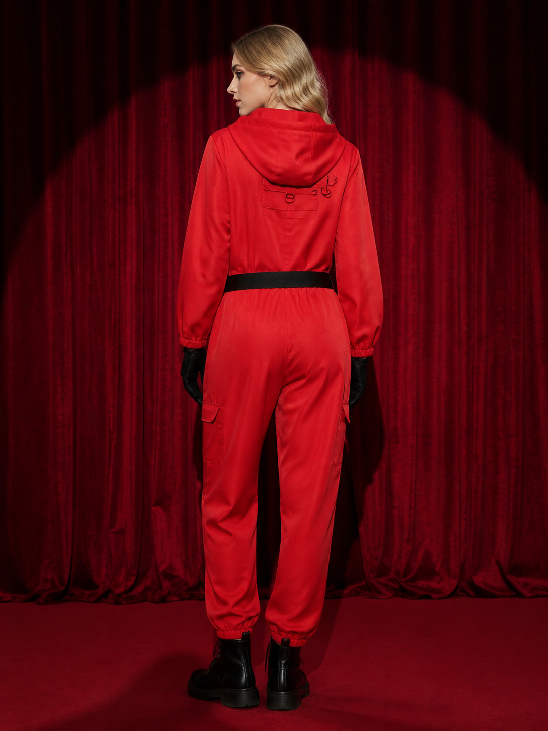 Red Hooded Prison Jumpsuit Costume Set with Belt and Gloves, Cosplay Halloween back view