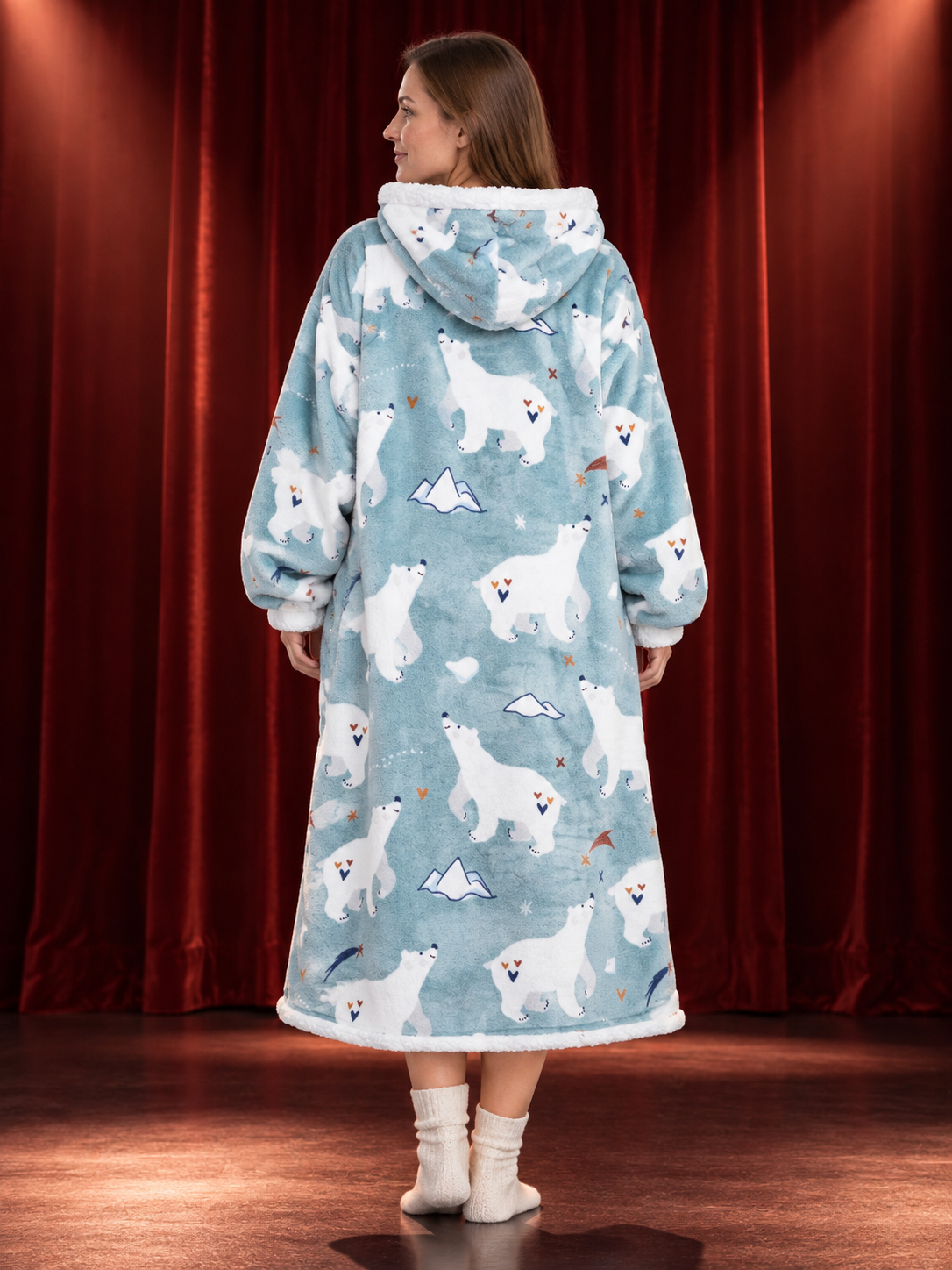 Flannel Hooded Blanket with White Bear Print