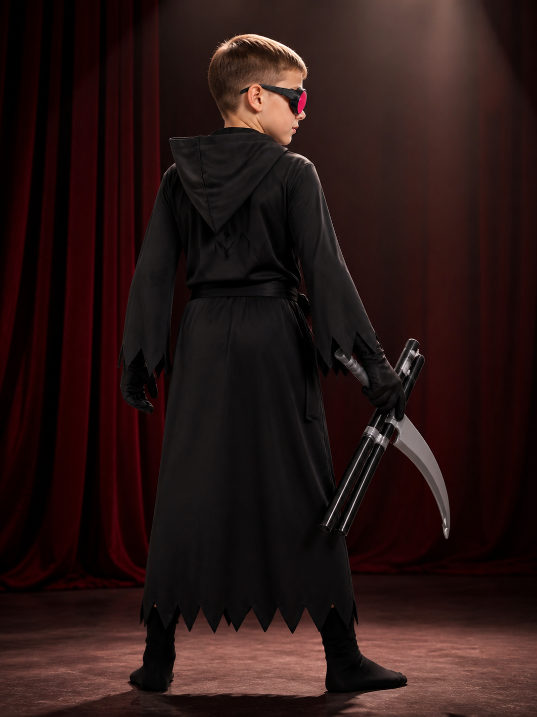 Halloween Grim Reaper Costume Set with Hooded Mask, Glowing Eyes & Scythe back view