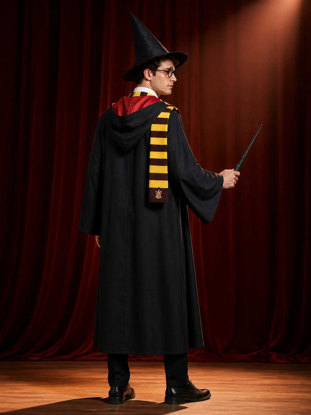 Wizard Costume Set with Robe, Hat, Scarf, Glasses, Wand, Shirt and Tie