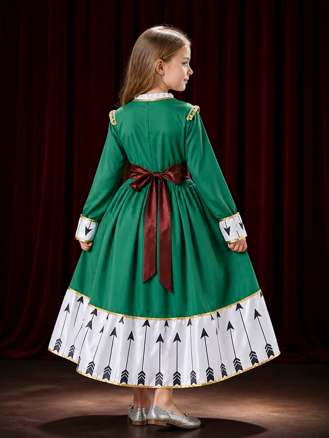 Kids Princess Costume Dress with Arrow Print and Gold Trim, Long Sleeve Party back view