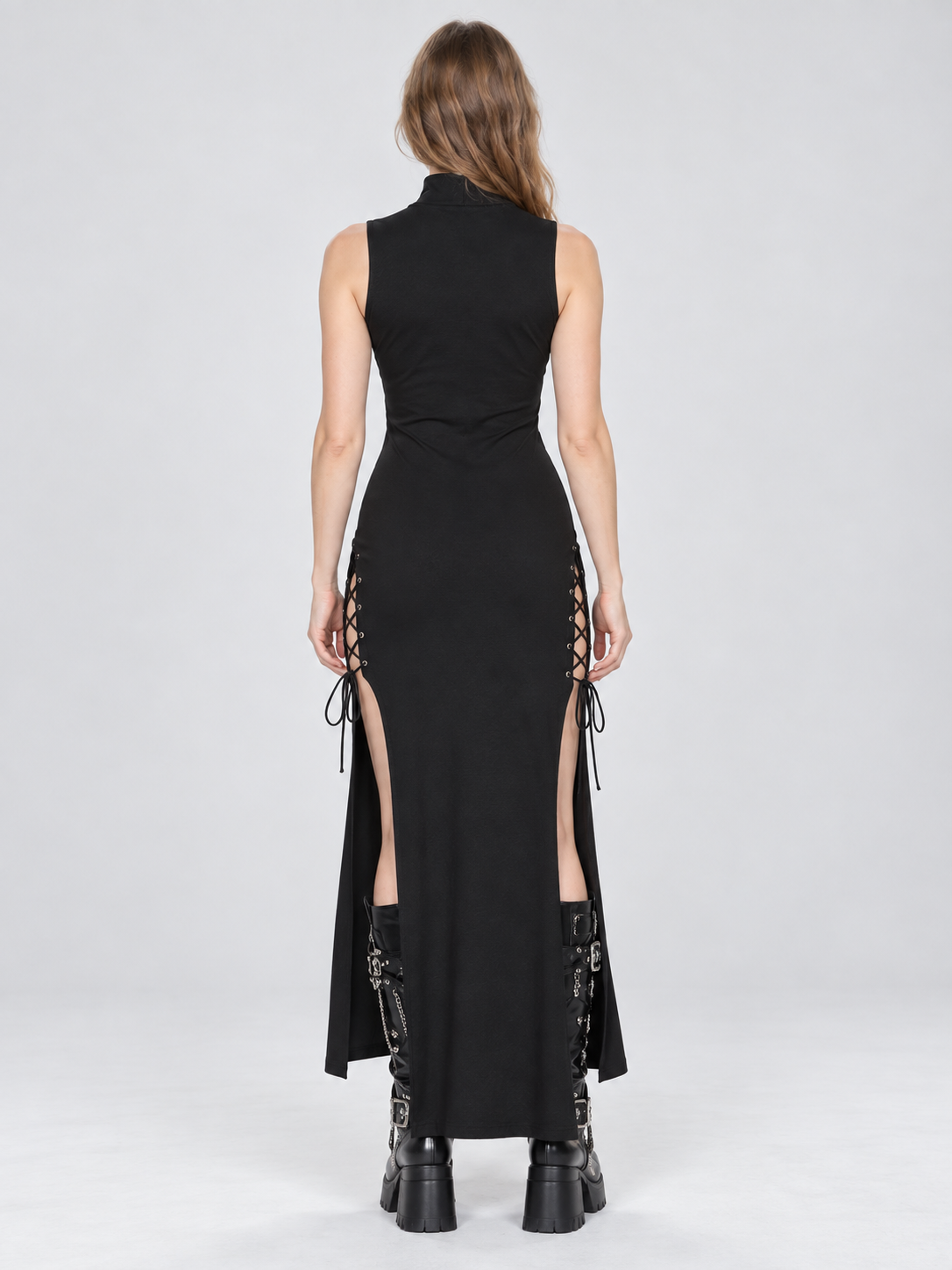 Black Gothic Dress with Lacing and High Slit