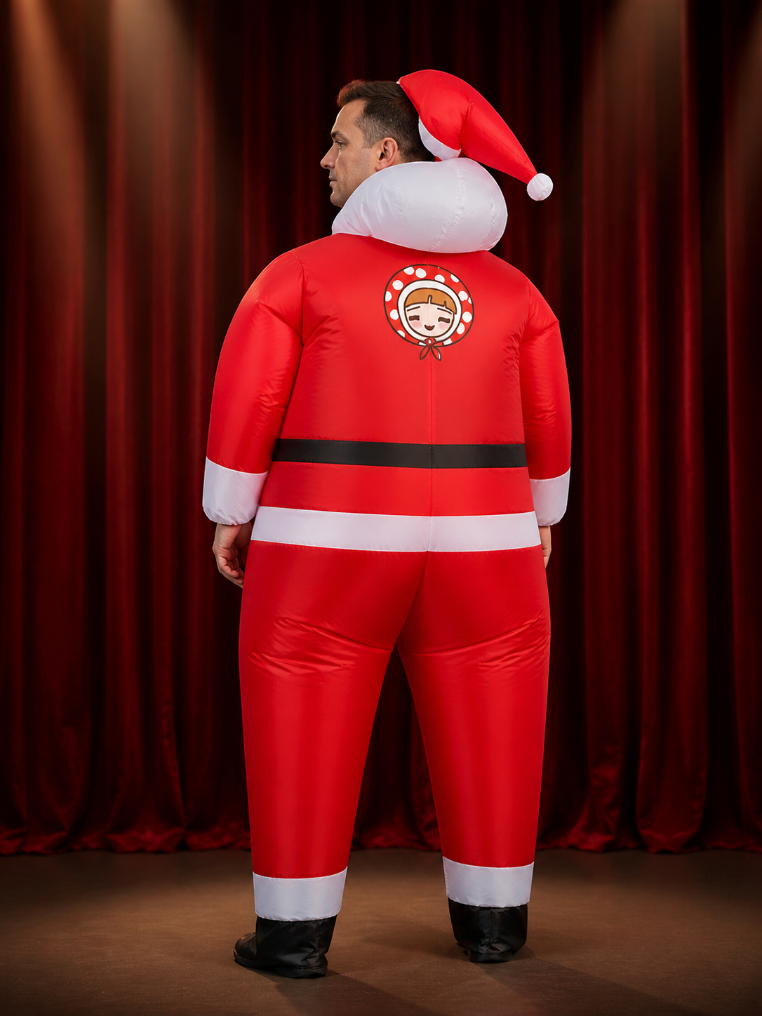 Inflatable Santa Claus Costume with Gingerbread Pattern - Red Christmas Jumpsuit back view