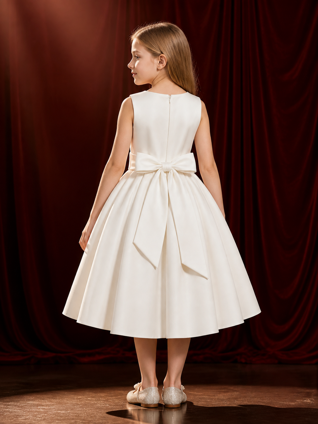 Girls' White Princess Dress, Sleeveless Large Bow Formal Gown