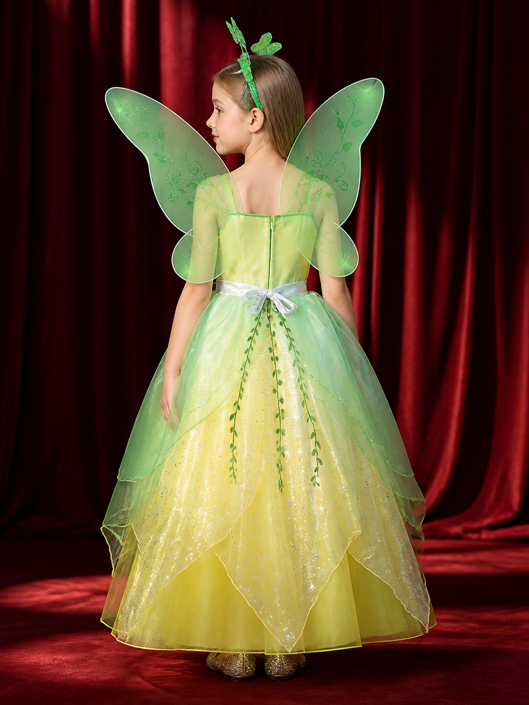 Girls' Fairy Princess Dress, Leaf Print Glitter Tulle Costume, Long Flowing back view
