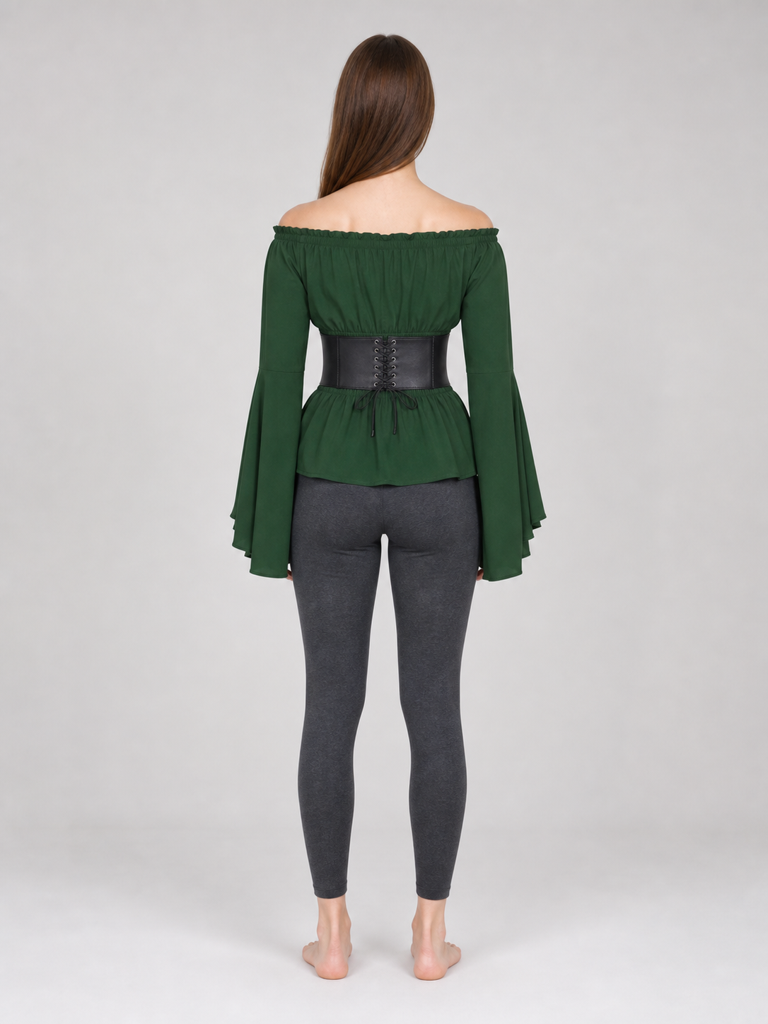 Off-the-Shoulder Blouse with Green Belt