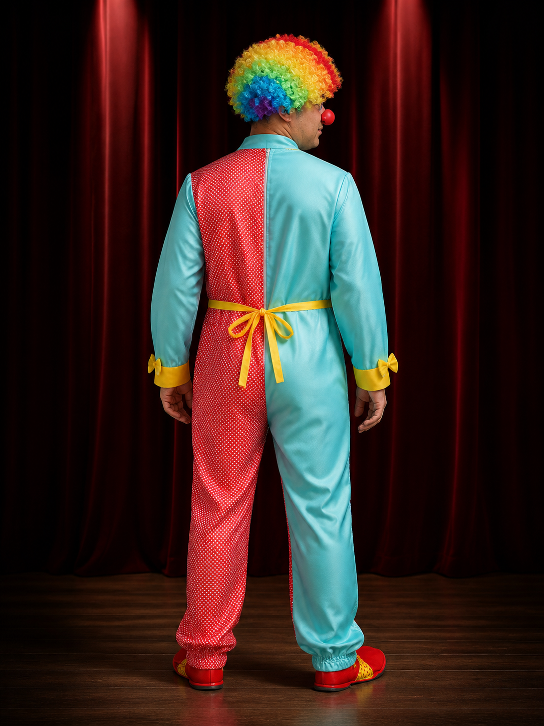 Adult Clown Costume Set, Red and Blue Star Print Bodysuit with Bow Tie for
