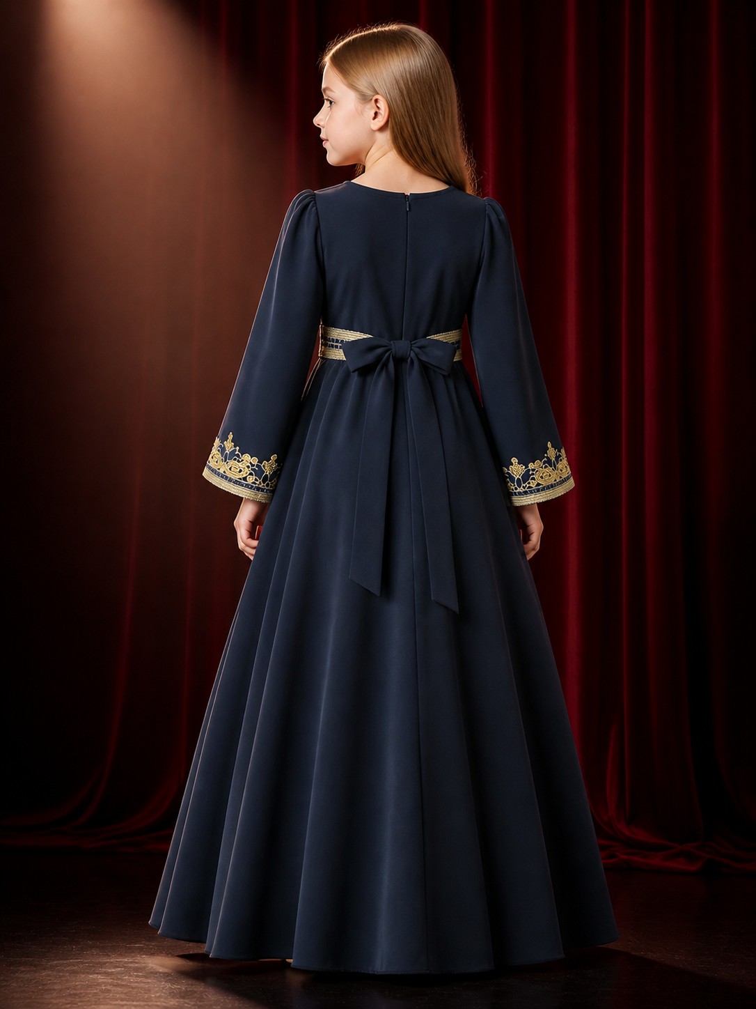 Girls' Navy Blue Princess Dress, Long Sleeve Gold Embroidered Formal Gown