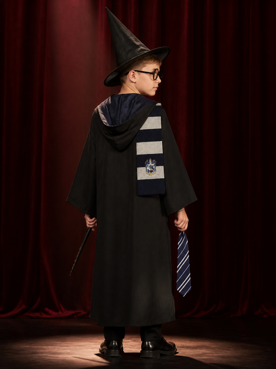 Blue And Silver Wizard Robe Costume Set With Hat, Glasses, Scarf And Tie back view