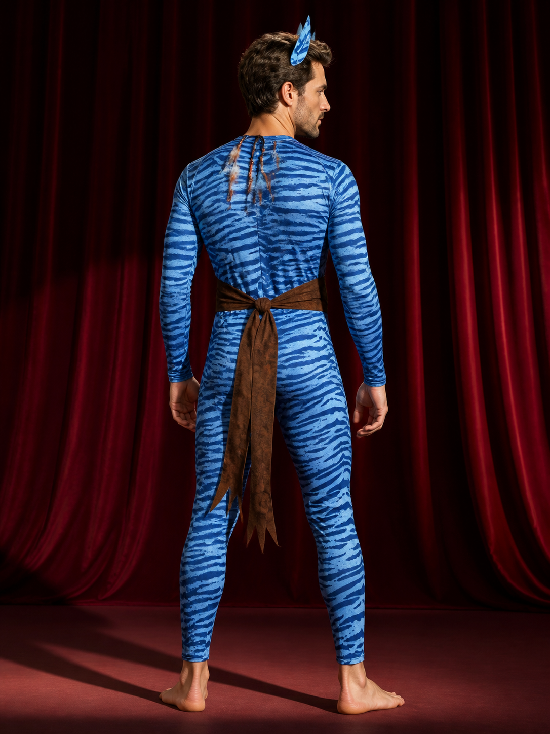 Unisex Avatar Style Blue Tiger Stripe Bodysuit Costume Set with Irregular Hem back view