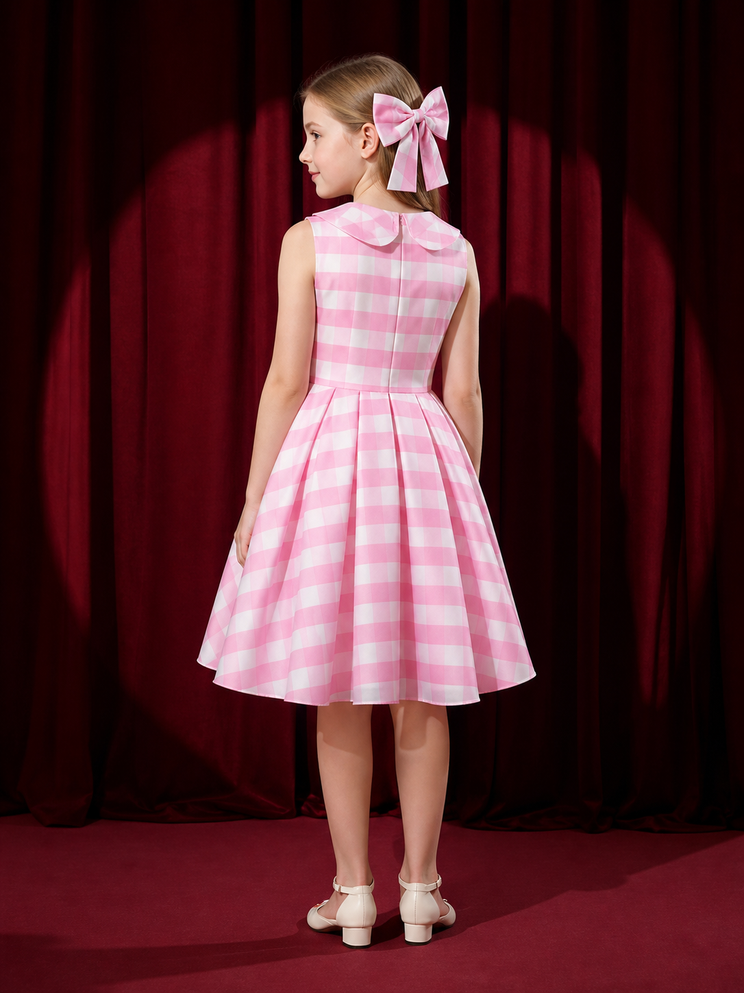 Kids' Pink and White Plaid Princess Dress Costume Set with Bow Headband back view