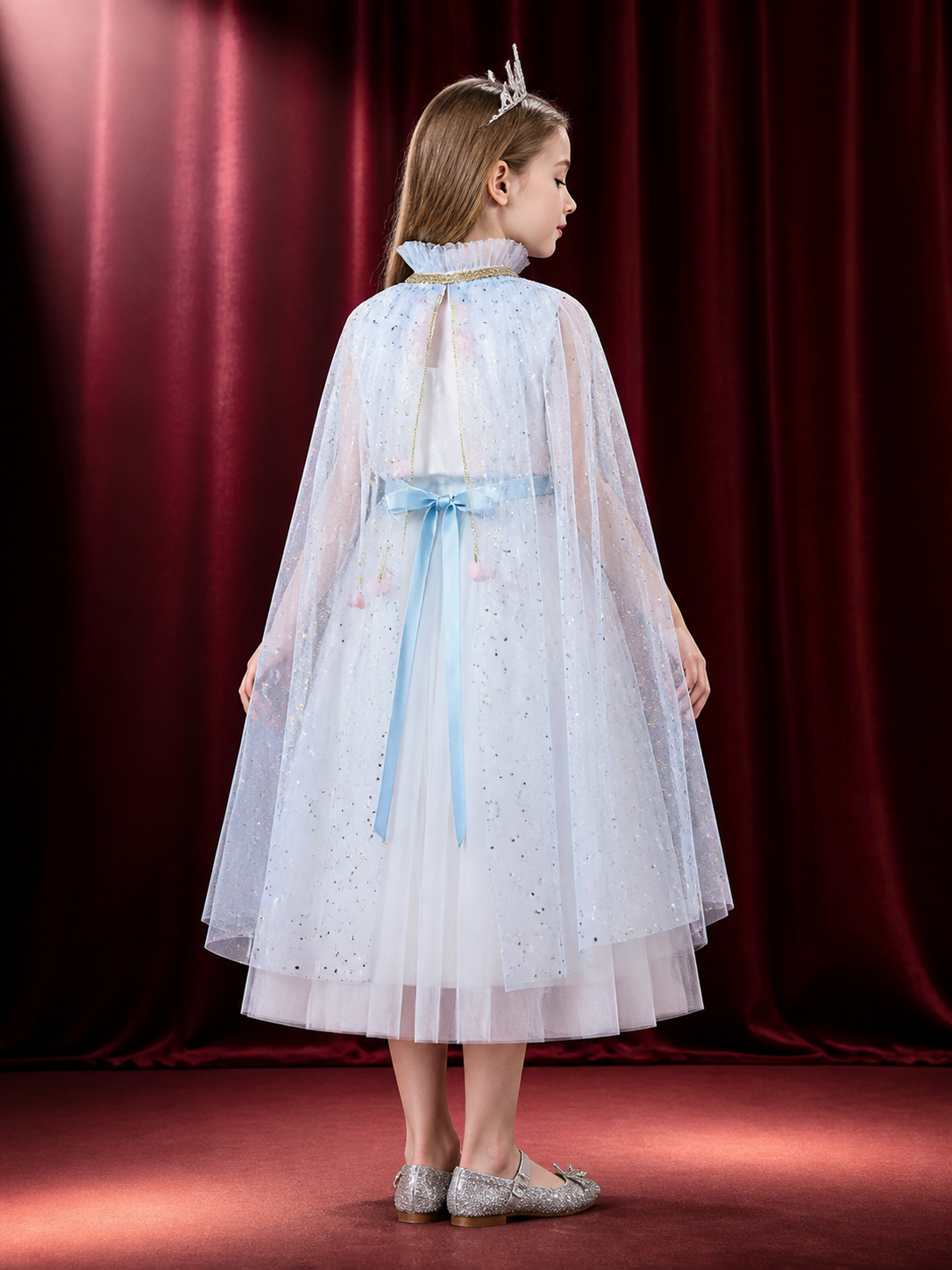 Girls Fairy Tale Princess Costume Dress with Tulle Overlay and Shimmer Dots back view