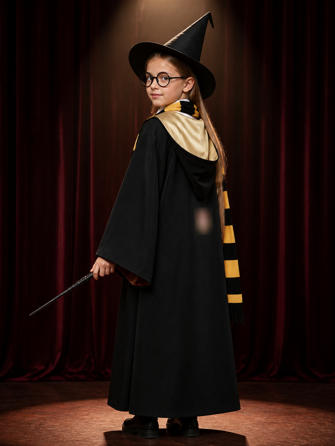 Kids Wizard Robe Costume Set, Hooded Black Cloak With Hat, Scarf, Tie, Glasses back view