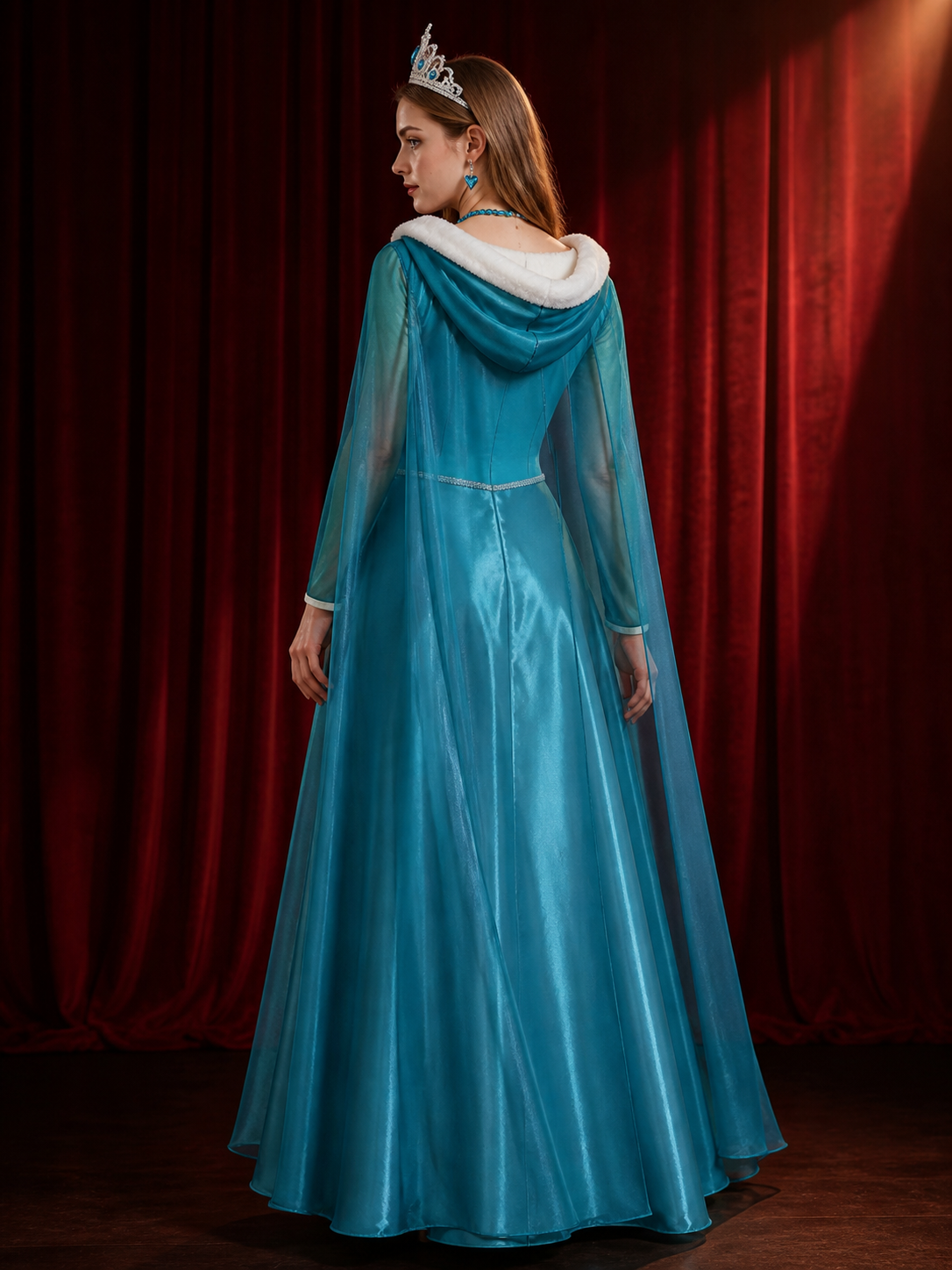 Women's Ice Princess Costume Dress with Cape, Jeweled Snowflake Details back view