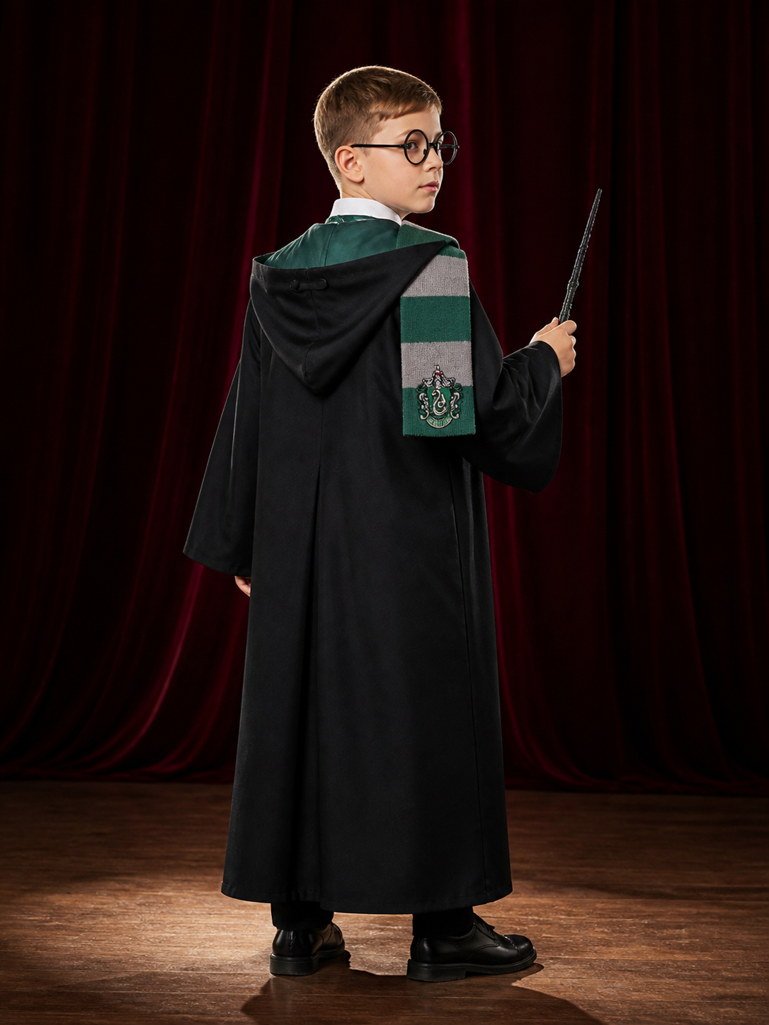 Kids Slytherin Wizard Costume Set, Hooded Robe With Scarf, Tie, Glasses And Wand back view