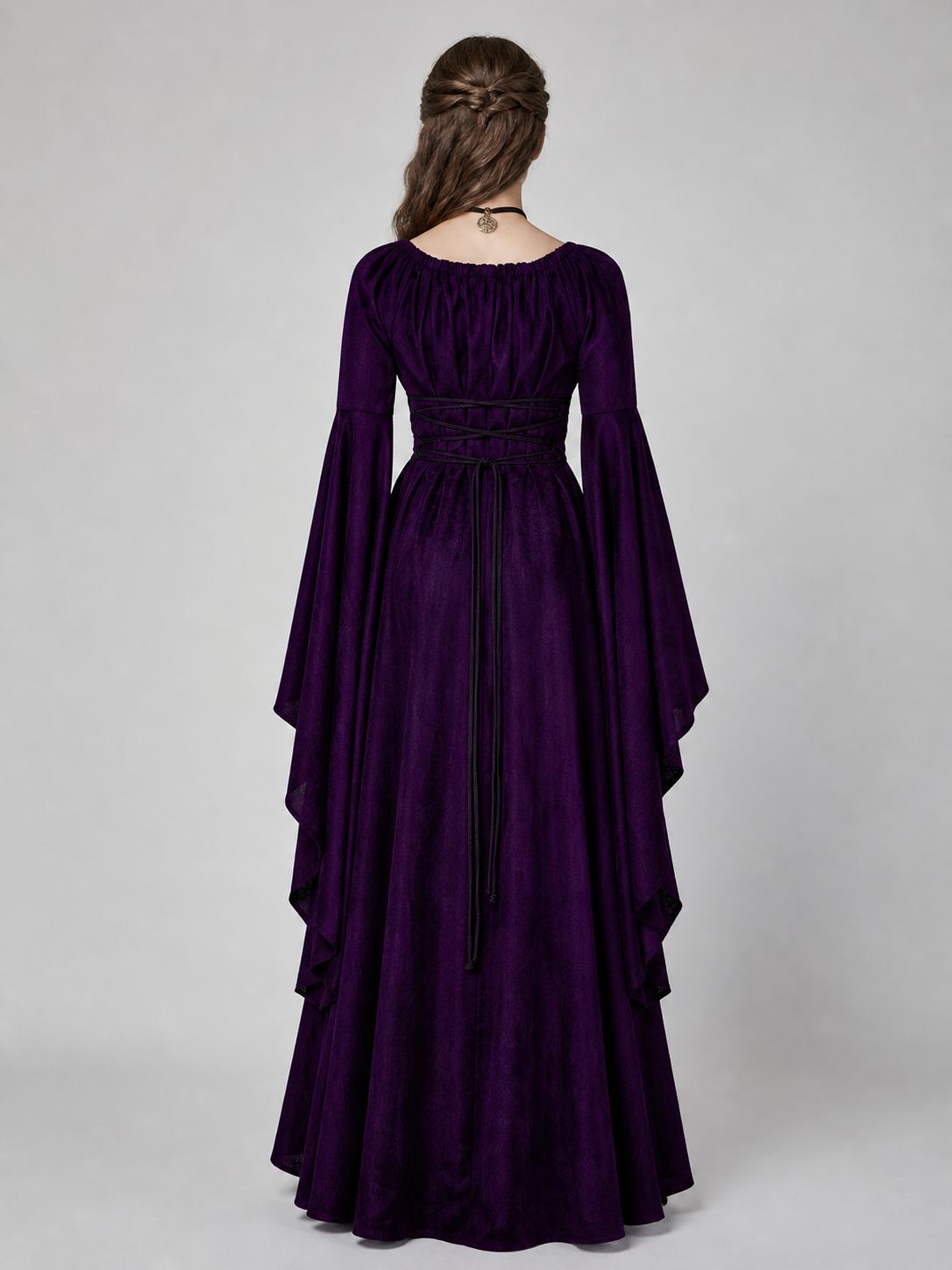 Floor-Length Gothic-Style Dress with Flared Sleeves back view