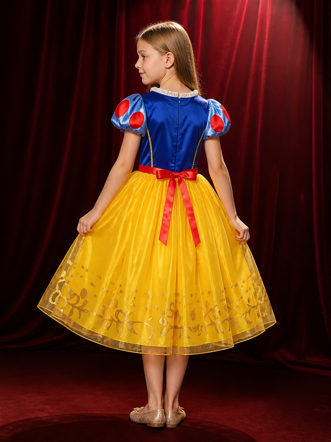 Girls Princess Costume Dress, Blue and Yellow, Halloween Party back view