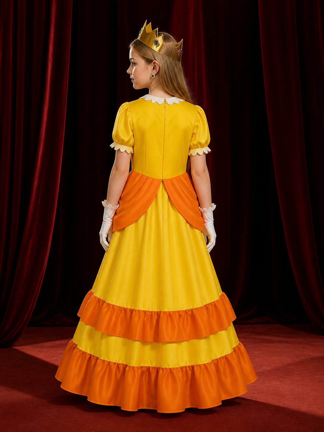 Kids Princess Yellow Dress Costume Set with Crown and Gloves for Halloween back view