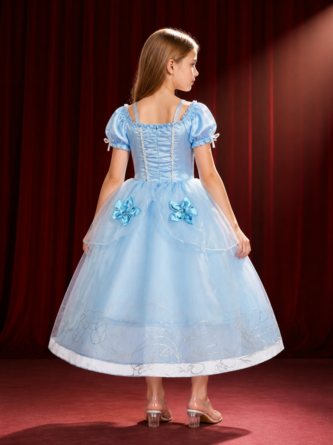 Kids Princess Costume Dress, Light Blue Puffy Sleeve Tutu Skirt with Flower back view
