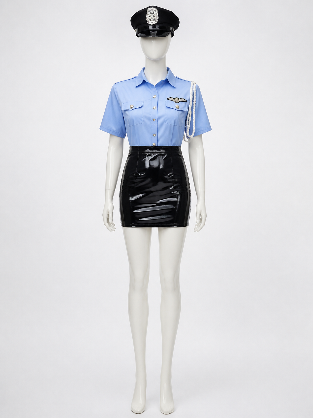 Women's Sexy Police Officer Halloween Costume Set, Light Blue Top & Black back view