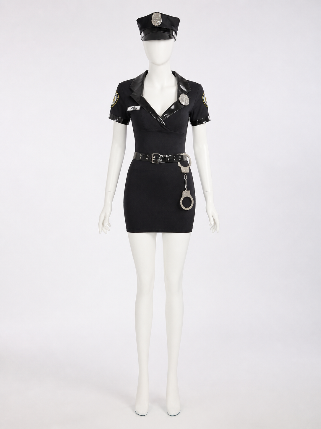 Women's Black Police Costume Set, Short Dress With Hat, Belt And Handcuffs back view