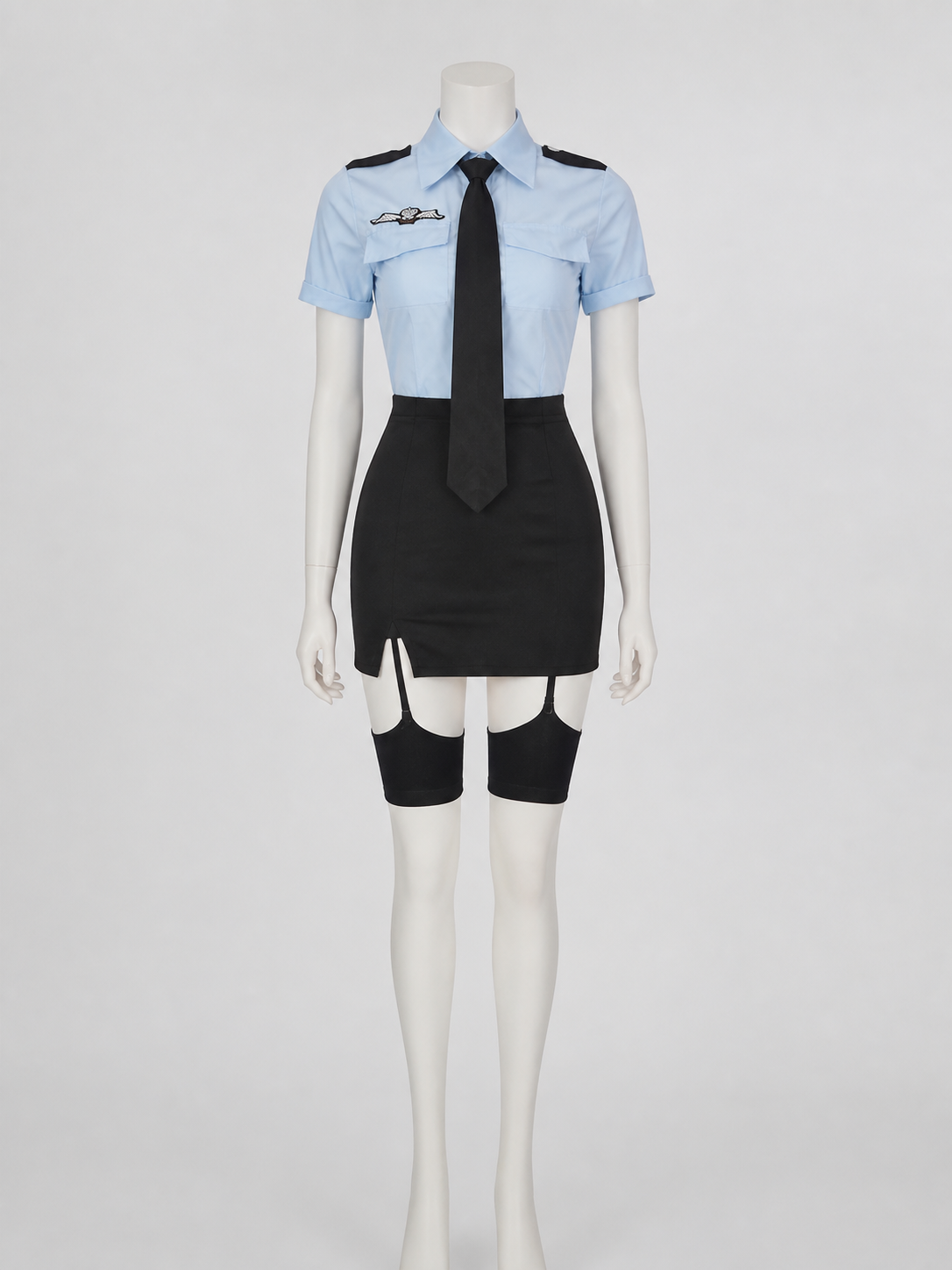 Women's Police Officer Costume Set, Light Blue Short Sleeve Top with Tie and back view